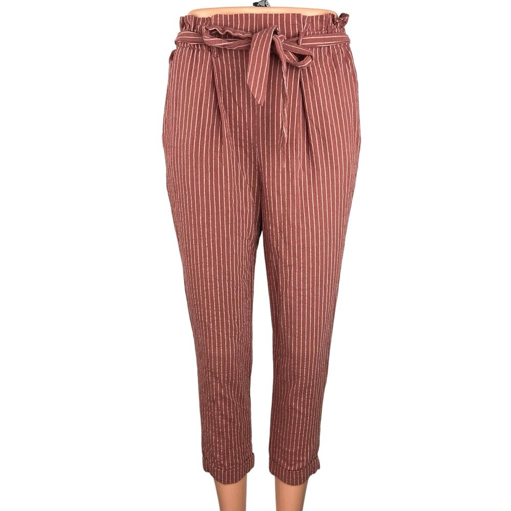 Sienna Sky Pink White Pinstriped Tie High Waisted Paperbag Trouser Pants Size XS